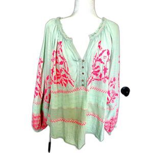 Free People Woven Embroidered Bohemian Style Blouse Mint Green Coral Size S